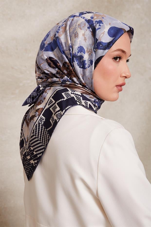 Lacivert Desenli Twill İpek Eşerp