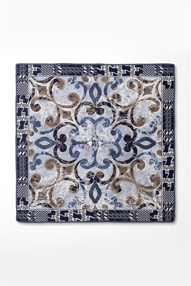 Lacivert Desenli Twill İpek Eşerp
