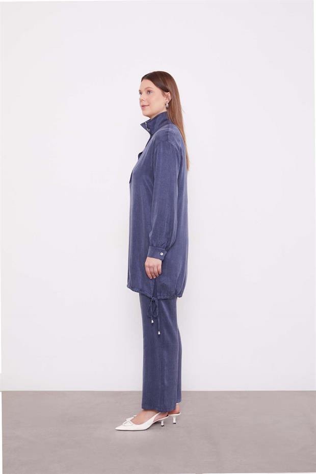 Lacivert Dik Yaka Düğme Detaylı Cupra İkili Takım