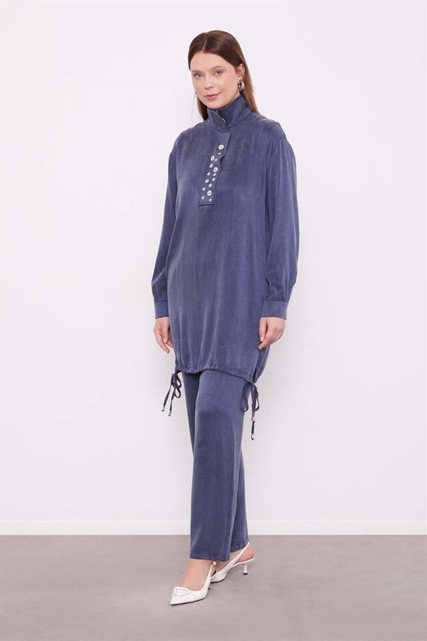 Lacivert Dik Yaka Düğme Detaylı Cupra İkili Takım