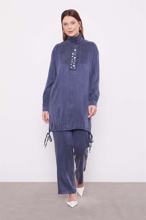 Lacivert Dik Yaka Düğme Detaylı Cupra İkili Takım