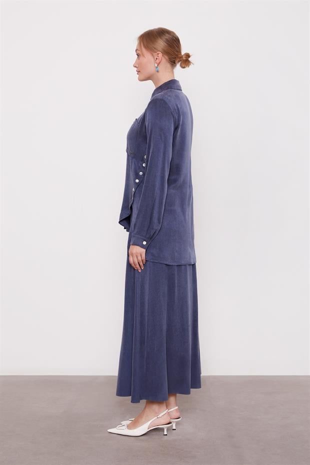 Lacivert Çapraz Düğme Detay Cupra Etek Takım