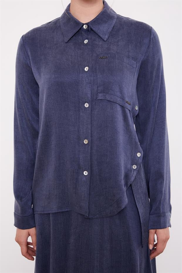 Lacivert Çapraz Düğme Detay Cupra Etek Takım