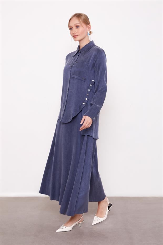 Lacivert Çapraz Düğme Detay Cupra Etek Takım