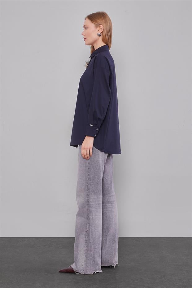 Lacivert Düğme Detaylı Gömlek