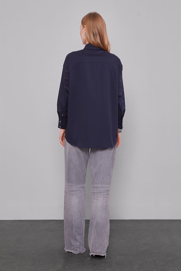Lacivert Düğme Detaylı Gömlek