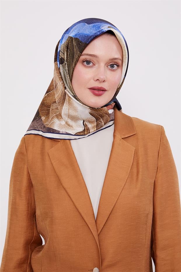 Lacivert Soyut Ebruli Desen Twill İpek Eşarp