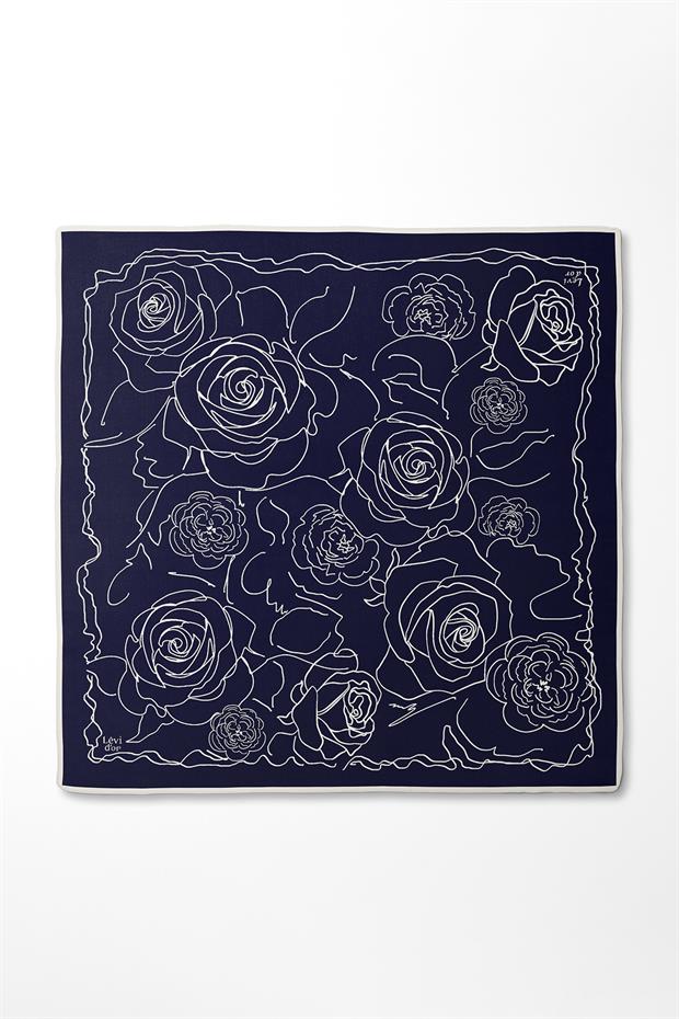 Lacivert - Ekru Gül Desen Twill İpek Eşarp