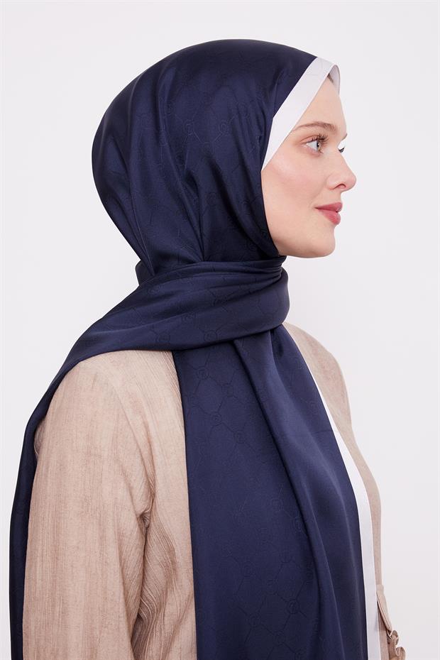 Lacivert - Ekru Petek Desen Monogram İpek Şal