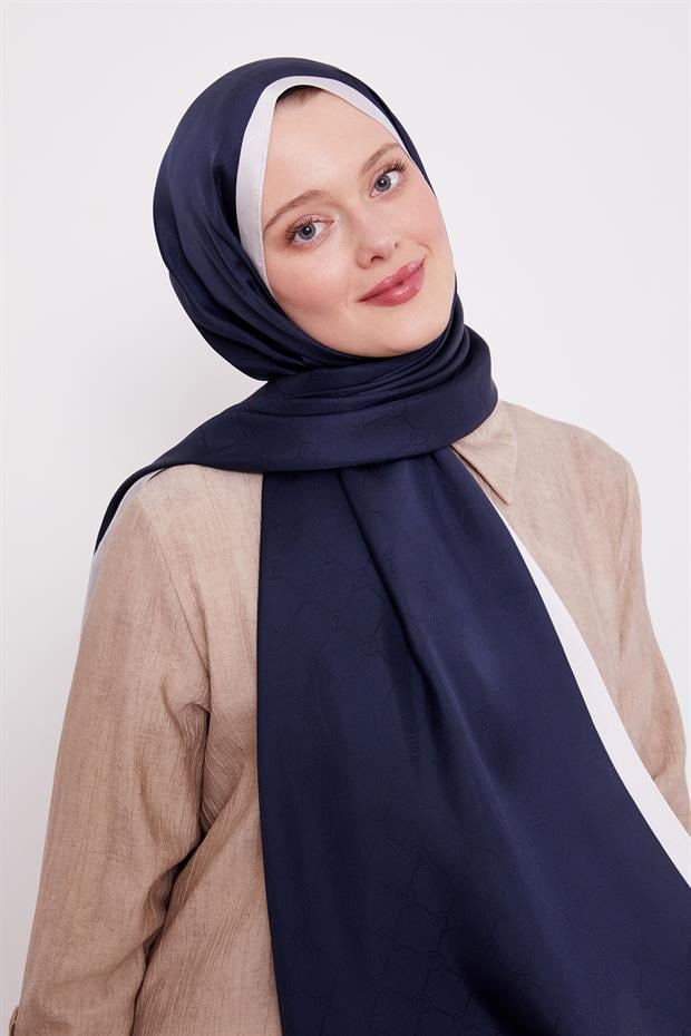 Lacivert - Ekru Petek Desen Monogram İpek Şal