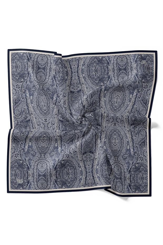 Lacivert - Ekru Soyut Etnik Desen Twill İpek Eşarp