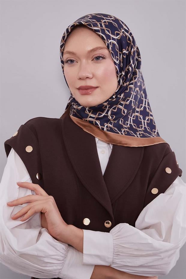 Lacivert Eliptik Desen Twill İpek Eşarp