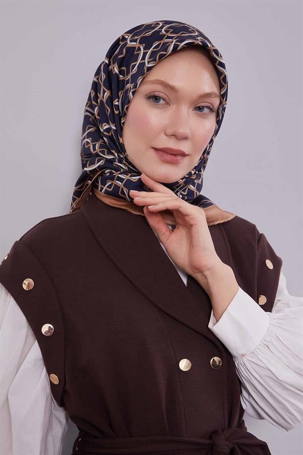 Lacivert Eliptik Desen Twill İpek Eşarp