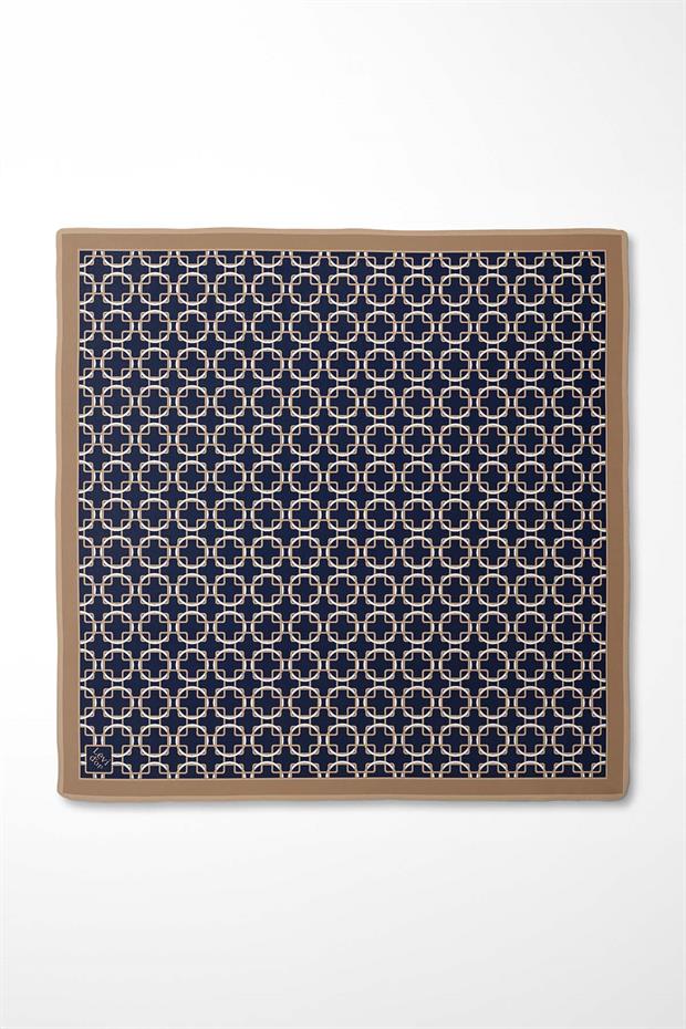 Lacivert Eliptik Desen Twill İpek Eşarp