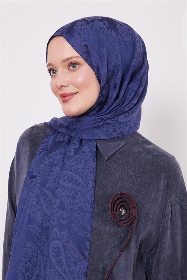 Lacivert Etnik Desen İtalyan Jakar Şal