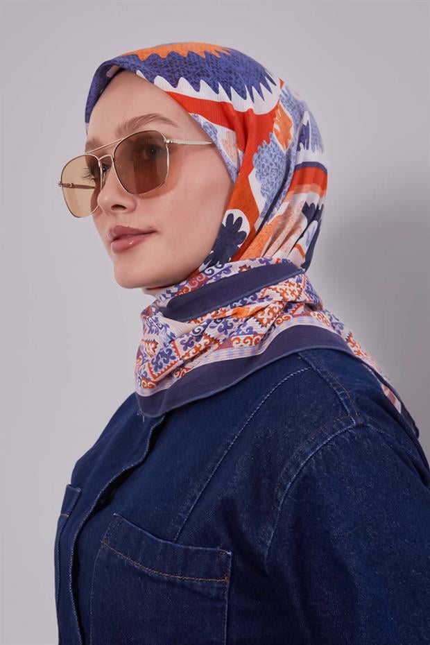 Lacivert Motif Desen Pamuk Eşarp