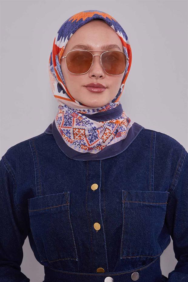 Lacivert Motif Desen Pamuk Eşarp