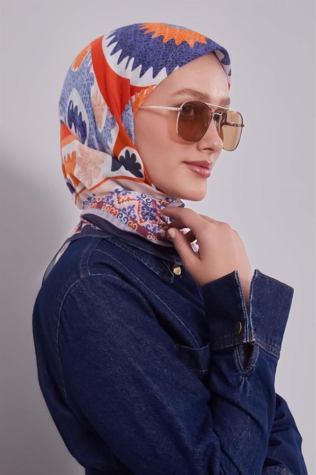 Lacivert Motif Desen Pamuk Eşarp