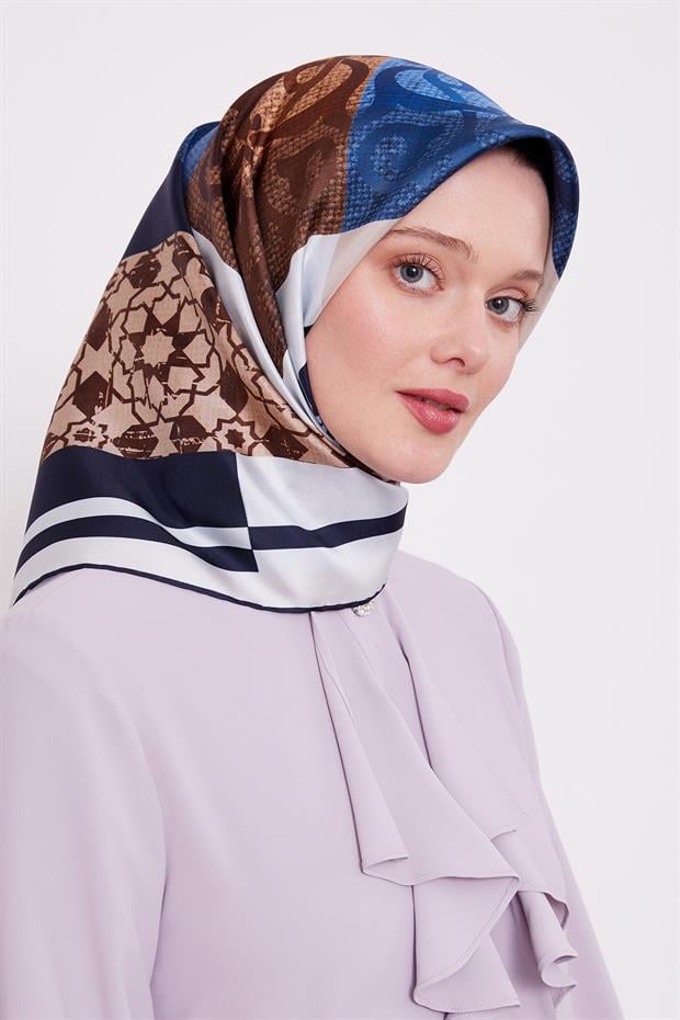 Lacivert Etnik Desen Twil İpek Eşarp