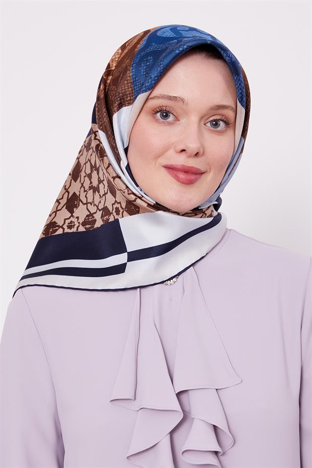 Lacivert Etnik Desen Twil İpek Eşarp