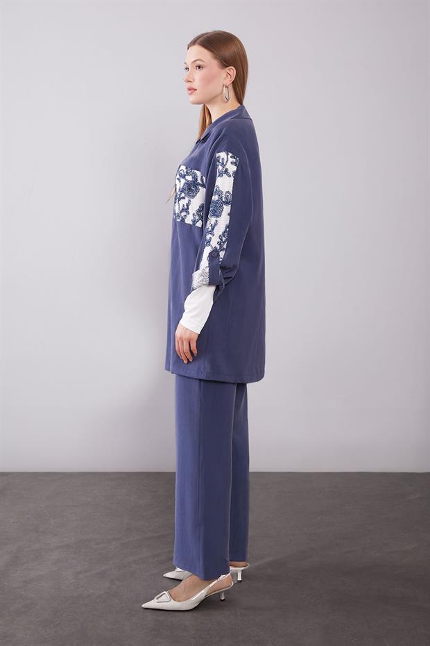 Lacivert File Cep Detaylı Üçlü Tunik Takım