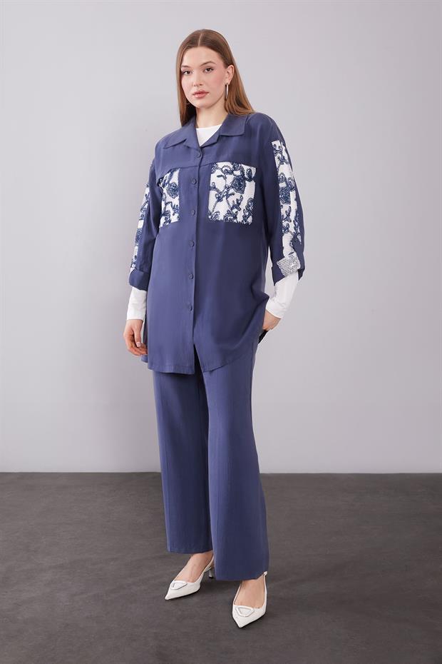 Lacivert File Cep Detaylı Üçlü Tunik Takım