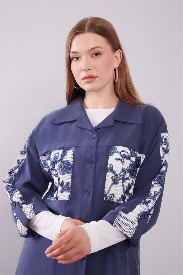 Lacivert File Cep Detaylı Üçlü Tunik Takım