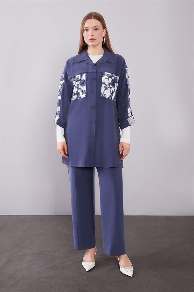 Lacivert File Cep Detaylı Üçlü Tunik Takım