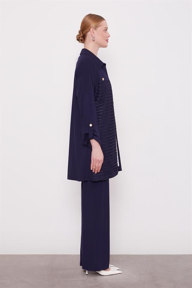 Lacivert File Detay Üçlü Ceket Takım