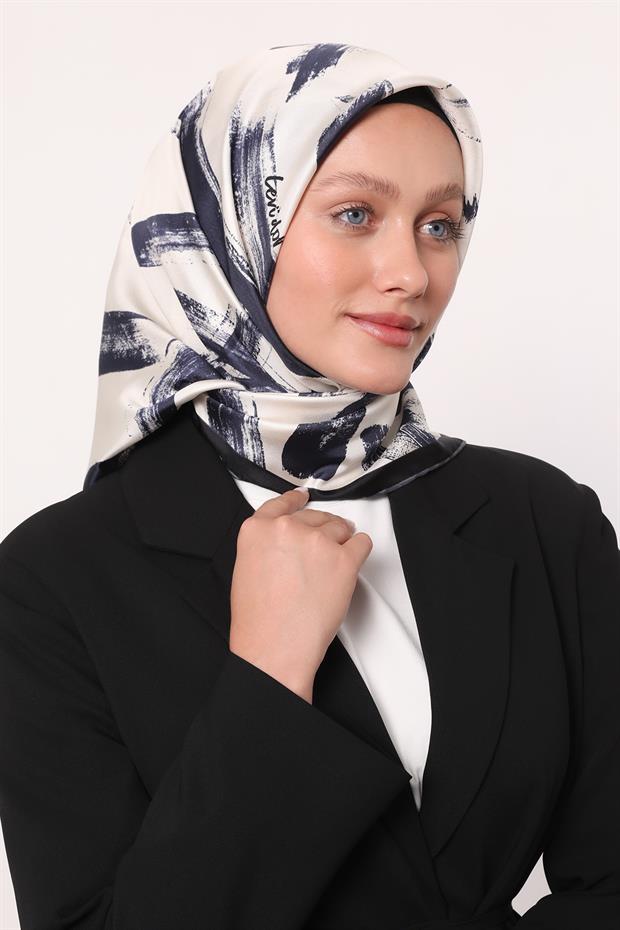 Lacivert Fırça İzi Desen Twill İpek Eşarp