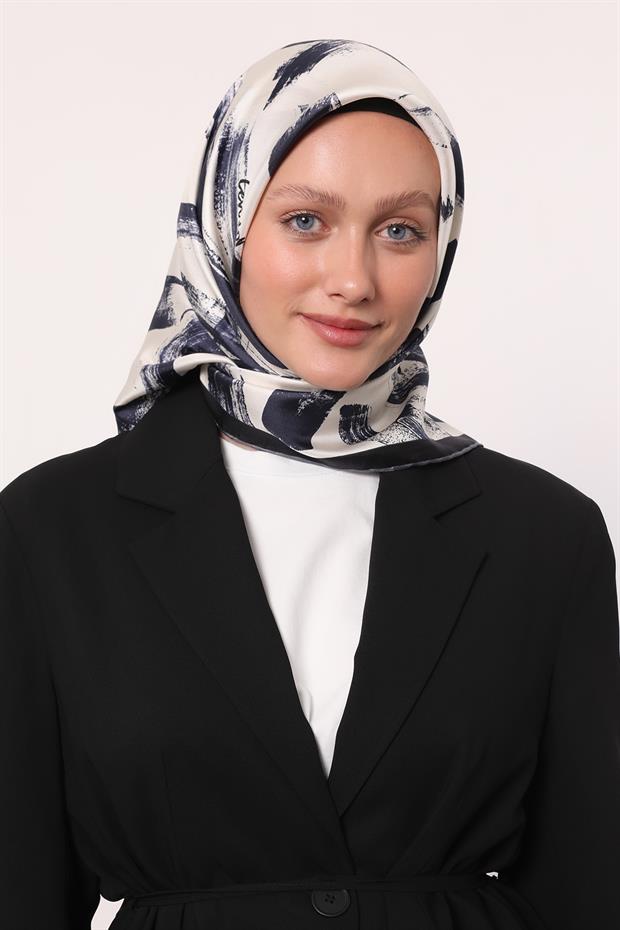 Lacivert Fırça İzi Desen Twill İpek Eşarp