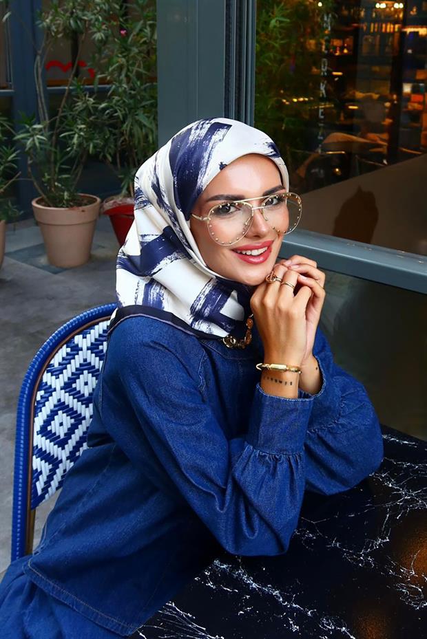 Lacivert Fırça İzi Desen Twill İpek Eşarp