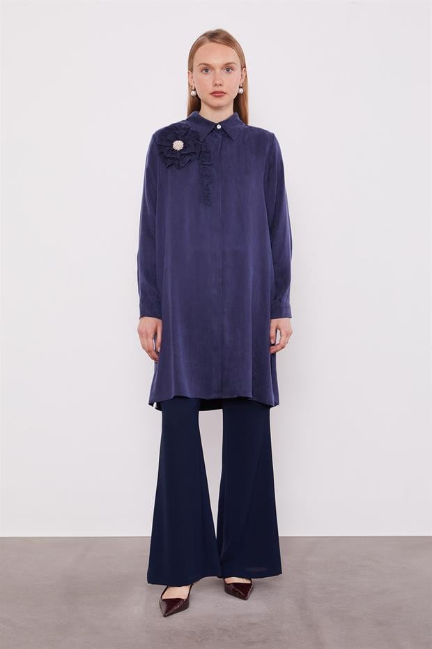 Lacivert Fırfır Çiçek Detay Cupra Gömlek