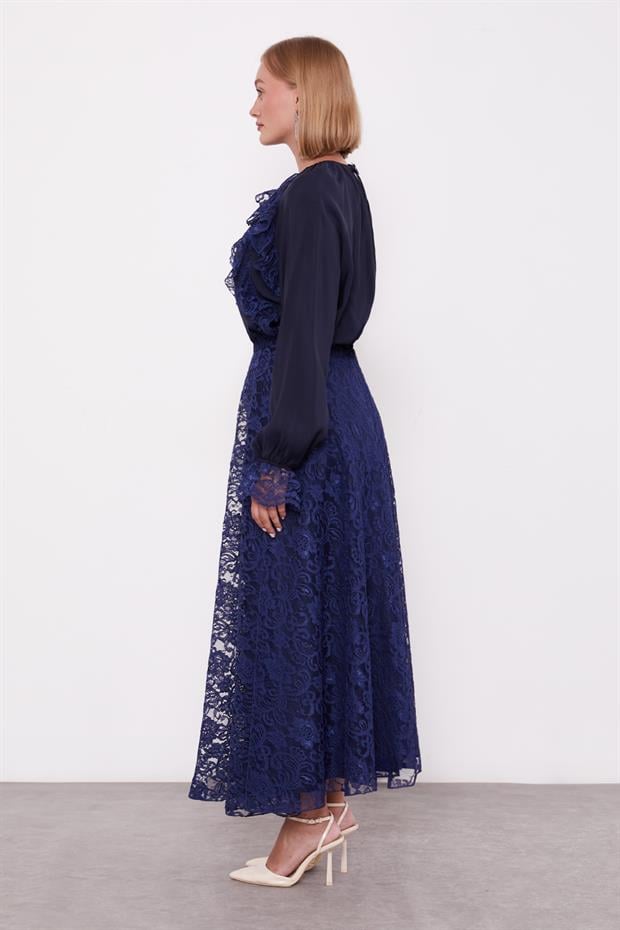 Lacivert Omuz Fırfır Detaylı Cupra Etek Takım