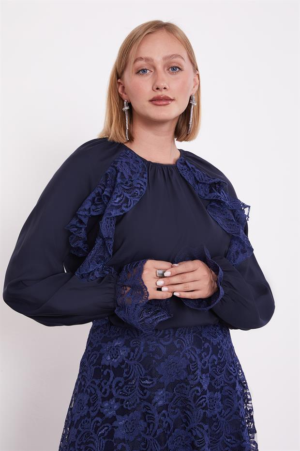 Lacivert Omuz Fırfır Detaylı Cupra Etek Takım