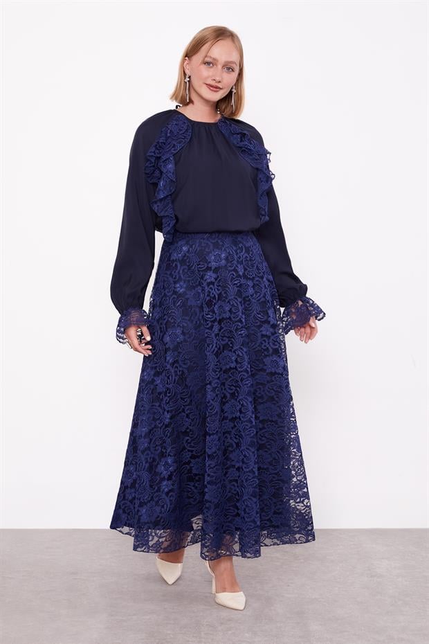 Lacivert Omuz Fırfır Detaylı Cupra Etek Takım