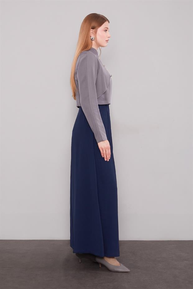 Lacivert Geniş Paça Piliseli Pantolon Etek