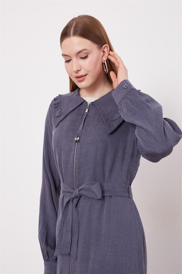 Lacivert Geniş Yakalı Fermuarlı Cupra Kap