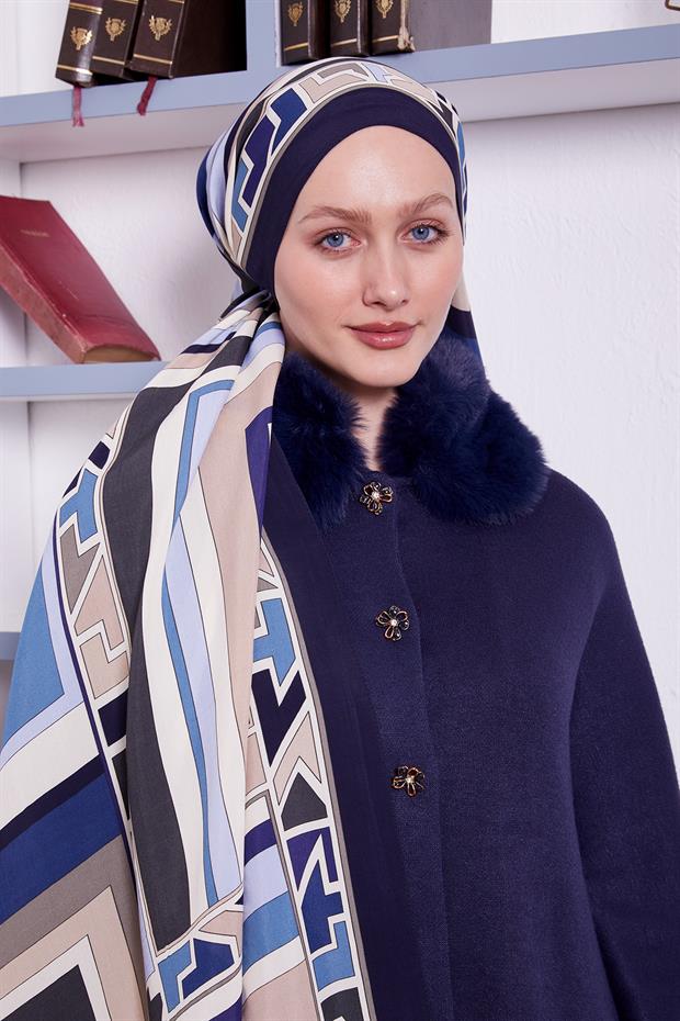 Lacivert Geometrik Desen Royal Şal