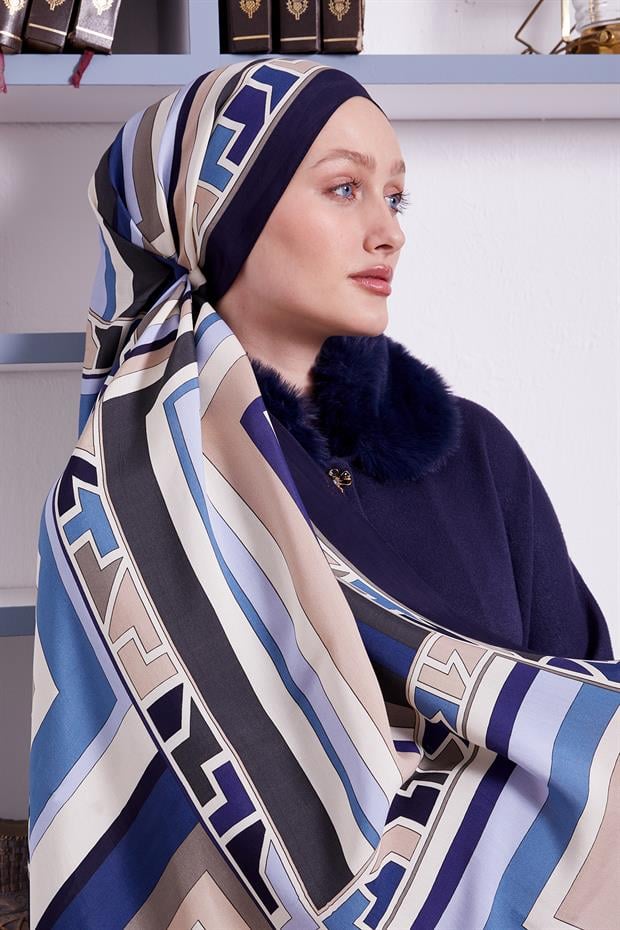 Lacivert Geometrik Desen Royal Şal