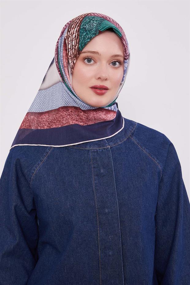Lacivert Geometrik Pamuk Eşarp