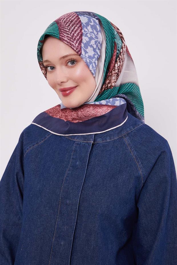 Lacivert Geometrik Pamuk Eşarp