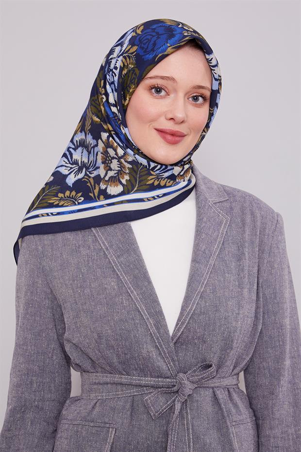Lacivert Gül Desen Aura Eşarp