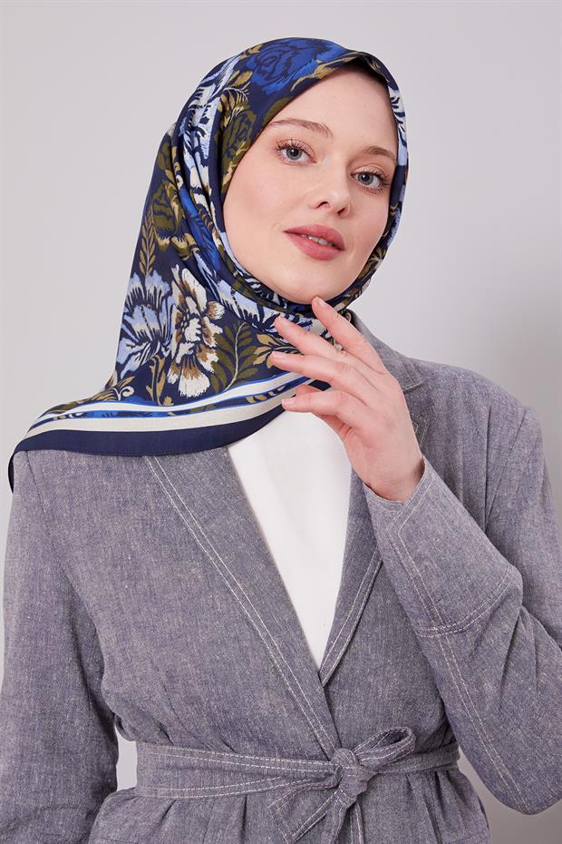 Lacivert Gül Desen Aura Eşarp