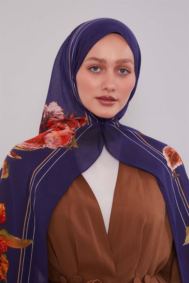 Lacivert Gül Desen Pamuk Şal