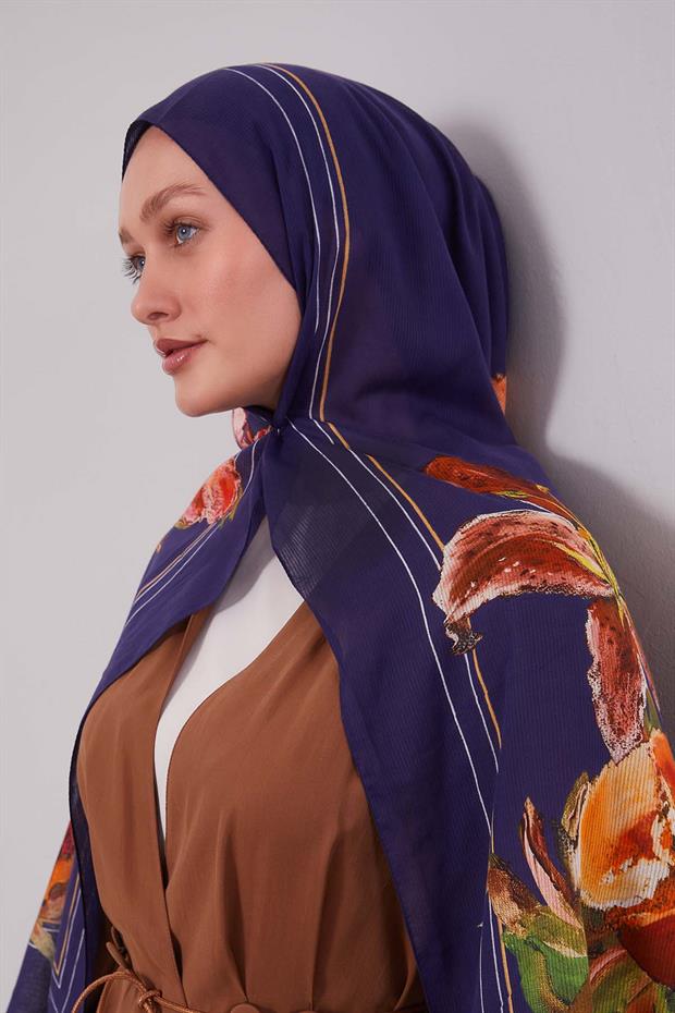 Lacivert Gül Desen Pamuk Şal