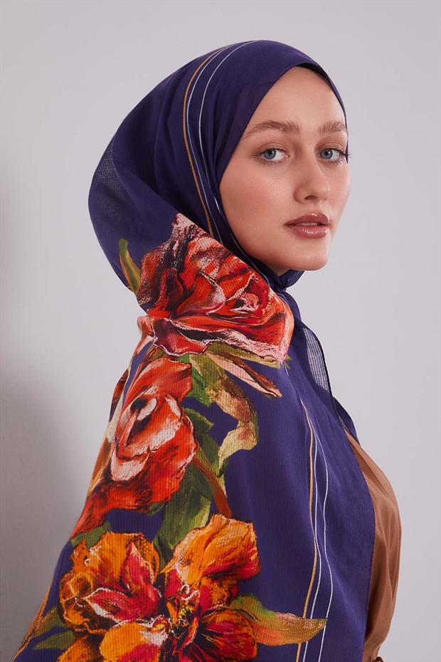 Lacivert Gül Desen Pamuk Şal