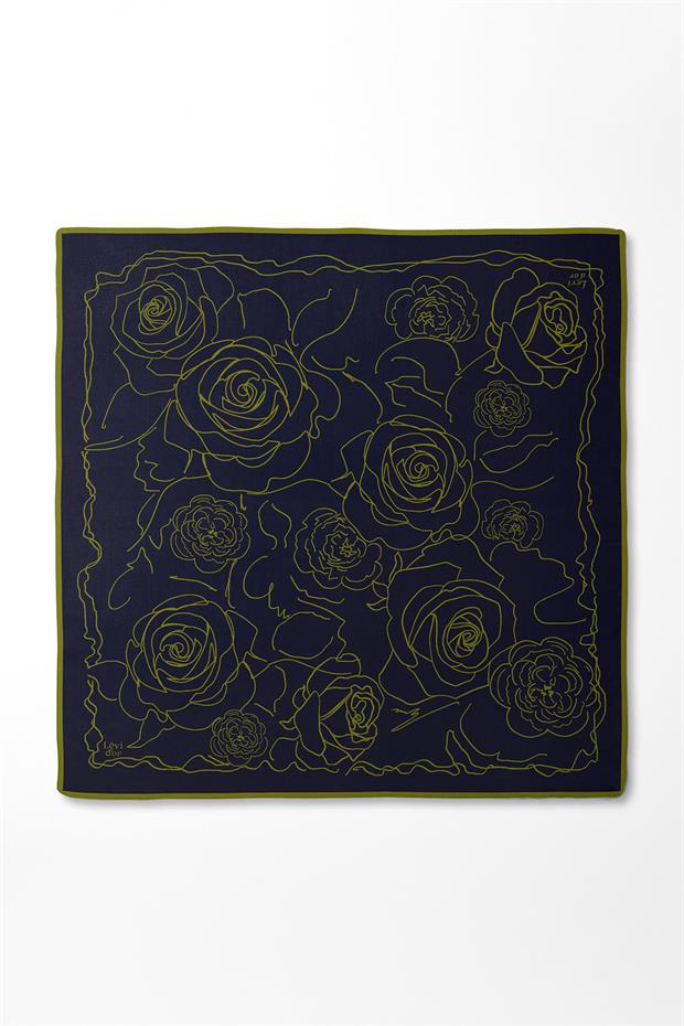 Lacivert Gül Desen Twill İpek Eşarp