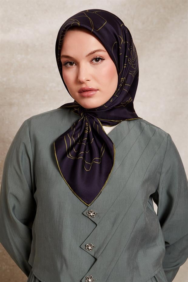 Lacivert Gül Desen Twill İpek Eşarp