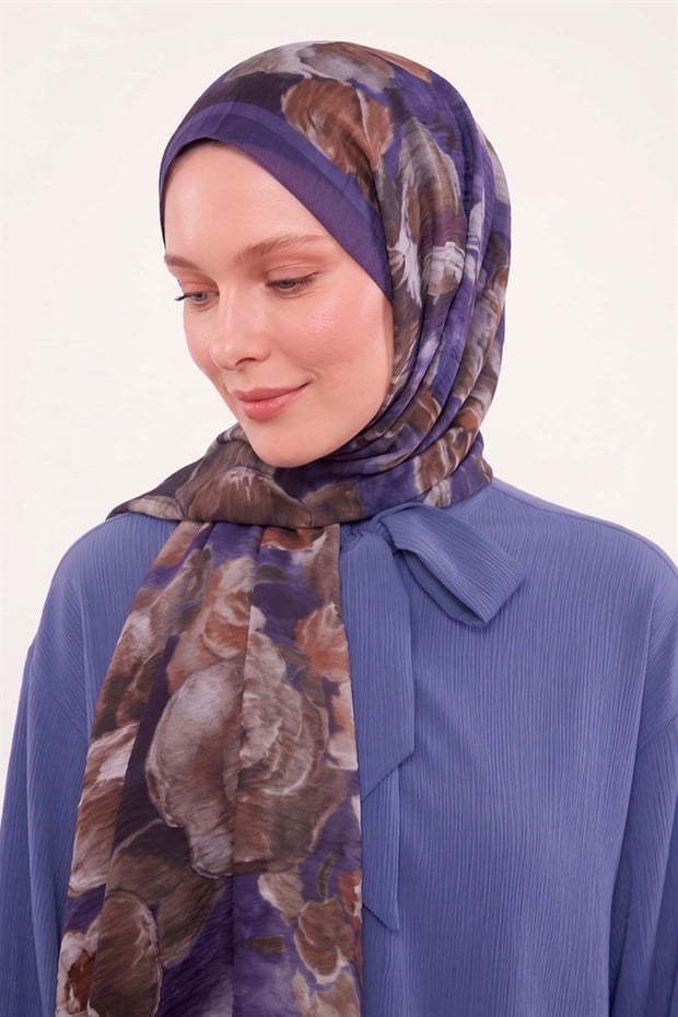 Lacivert Gül Desenli Tencel Şal